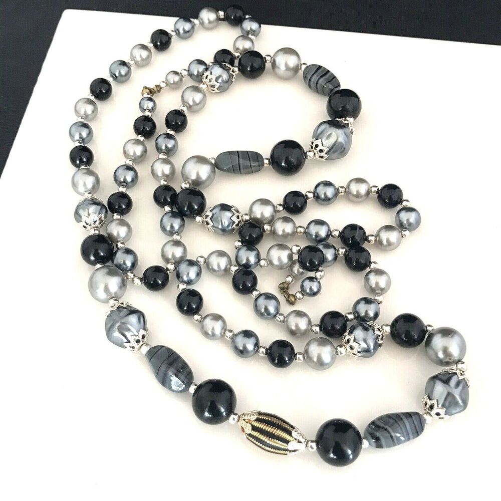 Vintage 1990s Long Beaded Necklace Gray Black Silver Tone Opera Length - 3Y